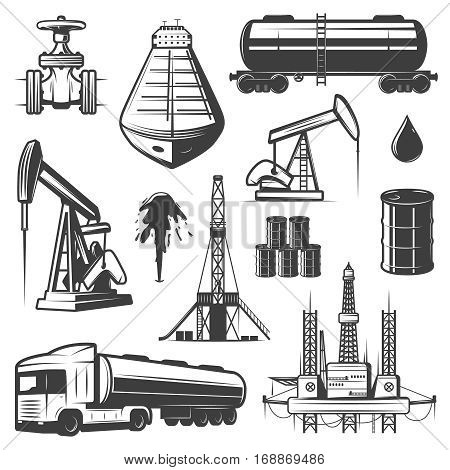 Vintage extraction oil elements set with pipeline tanker drilling rig barrels truck petrochemical factory isolated vector illustration