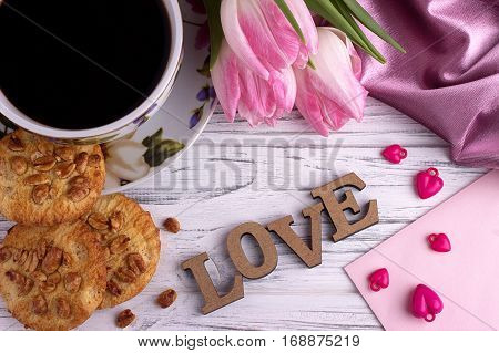 Valentine's Day Elegant Still Life With Tulip Flowers Cup Of Coffe Marshmallow Lettering Love Sign O