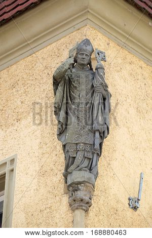 PTUJ, SLOVENIA - JULY 02: Statue of saint on the house facade in Ptuj, town on the Drava River banks, Lower Styria Region, Slovenia on July 02, 2016.