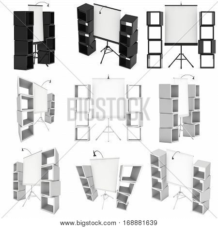 Blank Roll Up Expo Banner Stand on Tripod and product display boxes. Trade show booth white and blank. 3d render illustration isolated on white background. Template mockup for your expo design.