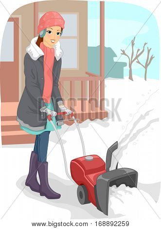 Illustration of a Young Woman in Winter Clothes Using a Snow Blower to Clear the Driveway of Snow