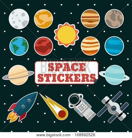Set of space stickers with sun planets comet rocket astronaut and space station on a background of outer space