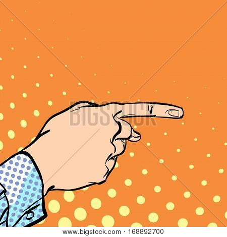 A male hand with forefinger. A man pointing a finger. A man explaining something. Businessman giving advice. Concept idea of advertisement and promo. Halftone background.