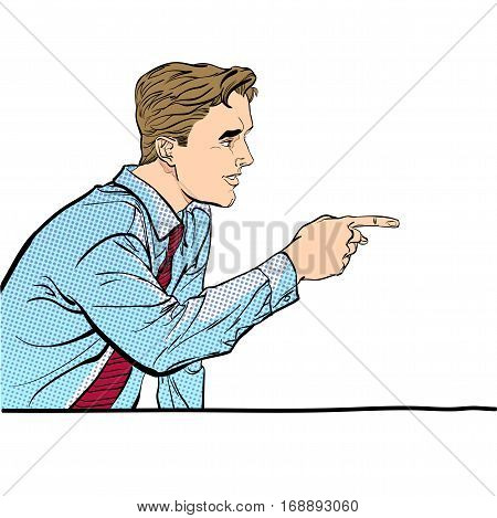 A man pointing a finger. A man explaining something. Speaking man. The man at the podium speaks. Handsome young businessman giving advice. Concept idea of advertisement and promo.