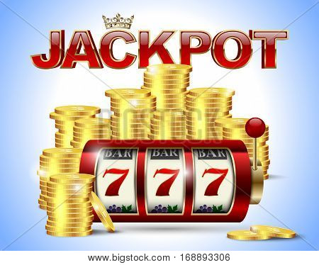 Slot machine with lucky seven and golden coins and red glossy jackpot text with crown on blue background