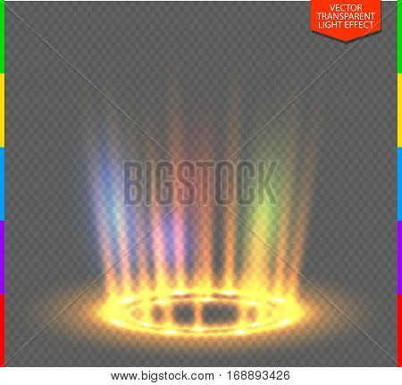 Round yellow glow rays night scene on transparent background. Empty light effect podium. Disco club dance floor. Show rainbow colors. Beam stage. Magic fantasy portal. Futuristic teleport.