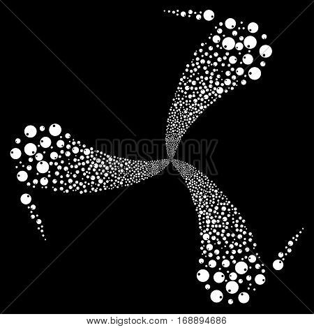 Sphere fireworks swirl rotation. Vector illustration style is flat white iconic symbols on a black background. Object spiral organized from random pictograms.