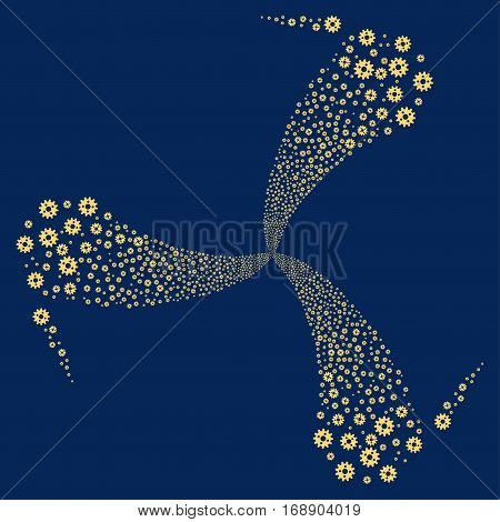 Cogwheel fireworks swirl rotation. Vector illustration style is flat yellow iconic symbols on a blue background. Object whirlpool combined from random icons.