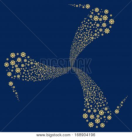 Cogwheel fireworks swirl rotation. Vector illustration style is flat yellow iconic symbols on a blue background. Object whirlpool organized from random design elements.