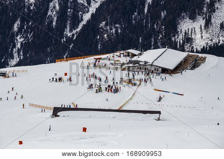 HINTERTUX, AUSTRIA - MARCH 29, 2015: People at the ski lodge Laemmerbichl on the Rastkogel mountain in Tyrol Austria