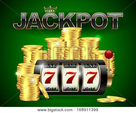 Slot machine with lucky seven and golden coins and red black jackpot text with crown on green casino background