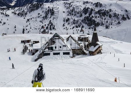 HINTERTUX, AUSTRIA - MARCH 29, 2015: Ski lodge and restaurant close to Penkenjoch in Tyrol Austria