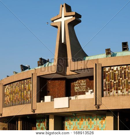 Detail of  the Basilica of Our Lady of Guadalupe in Mexico City with an inscription related to the presence of the Virgin of Guadalupe
