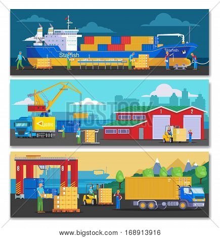 Sea port horizontal banners with ship at dock goods storage and preparing for containers loading vector illustration