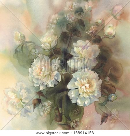 Bouquet of white peonies watercolor illiustration. Wedding card. Summer bloom.