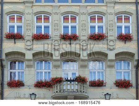 PTUJ, SLOVENIA - JULY 02: The City Hall facade in Ptuj, town on the Drava River banks, Lower Styria Region, Slovenia on July 02, 2016.