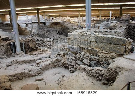 Archaeological excavati/on of the Akrotiri flat, ancient Minoan town. Akrotiri Greece