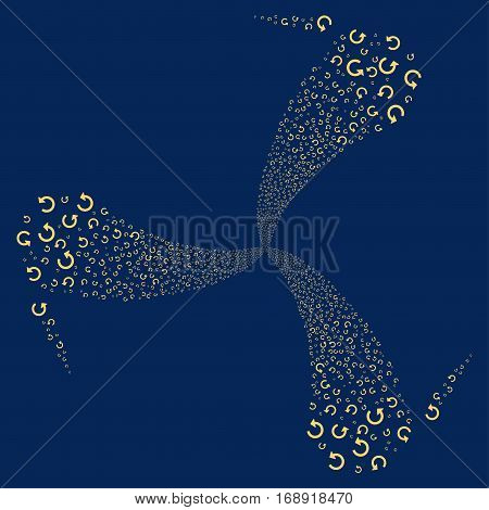 Rotate fireworks swirl rotation. Vector illustration style is flat yellow iconic symbols on a blue background. Object twirl created from random pictographs.