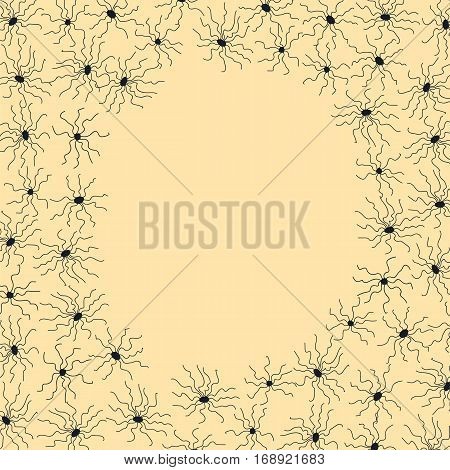 Frame with small spiders in black on yellow background. Stock vector illustration for greeting card template halloween decoration child birthday invitation.
