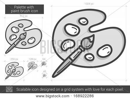 Palette with paint brush vector line icon isolated on white background. Palette with paint brush line icon for infographic, website or app. Scalable icon designed on a grid system.