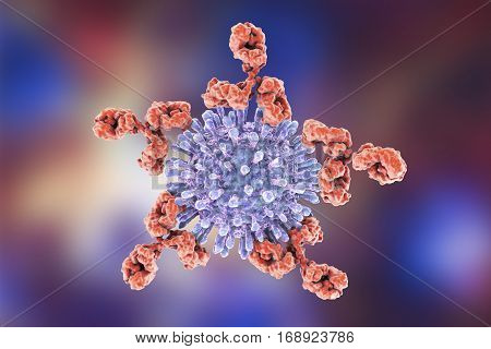 HIV and antibodies, 3D illustration. Concept for treatment of HIV infection and AIDS