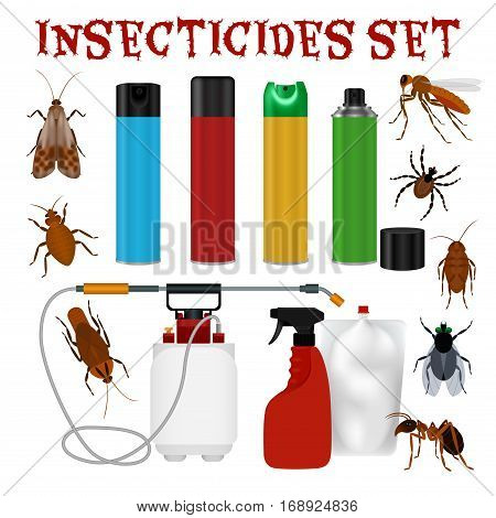 Pest control set with tick ant mosquito fly cockroach repellent and insecticide isolated on white background vector illustration