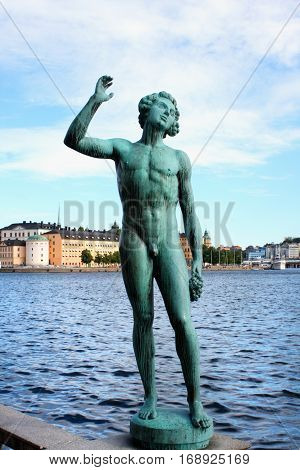 Stockholm, Sweden: aug 25. 2016 - Detail on ancient building in Stockholm used as city hall - statue (Staden)