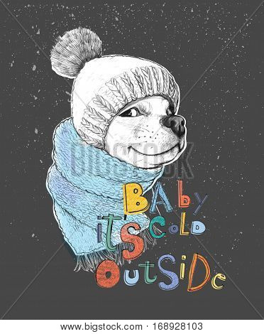 Cute dog in a hat and scarf. Baby it's cold outside phrase. Hand-drawn illustration of a pencil technique. Design for poster, T-shirt print, cards, banners. Vector illustration