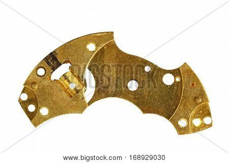 Part of clockwork mechanism on white background