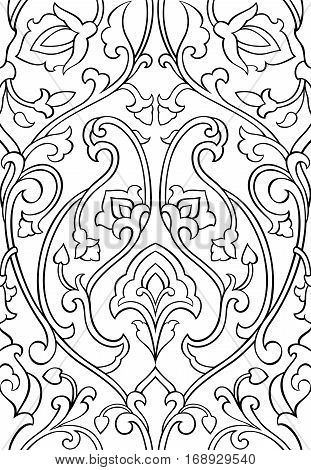 Black and white floral pattern. Seamless filigree ornament. Stylized template for wallpaper textile shawl tile carpet and any surface. Pattern with stylized birds.
