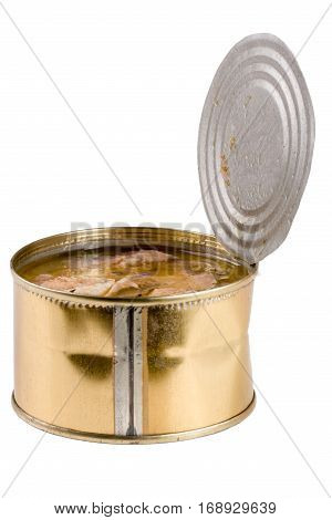open tin can with fish pilchard isolated on white background.