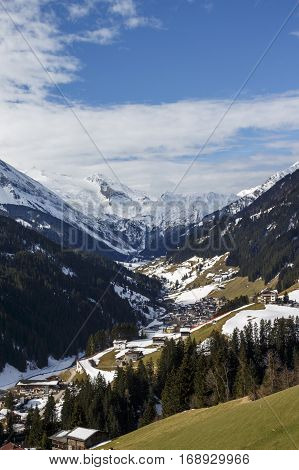 View on the Hintertuxer Glacier (Tuxer Ferner) mountain panorama from Rastkogel cableway in Tyrol Austria
