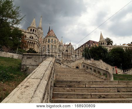View of the eastern stairway entrance up to Fisherman's Bastion, Budapest, Hungary.