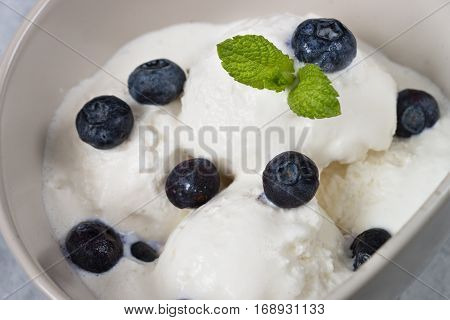 Vanilla Ice Cream with blueberries in bowl Summer refreshing dessert. Closeup