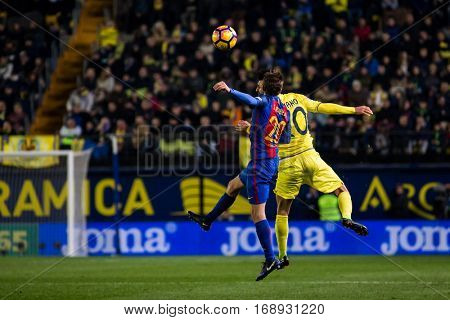 VILLARREAL, SPAIN - JANUARY 8: Sergi Roberto and Soriano during La Liga soccer match between Villarreal CF and FC Barcelona at Estadio de la Ceramica on January 8, 2016 in Villarreal, Spain