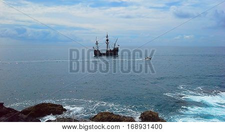 A beautiful sailboat in the open ocean. Atlantic Ocean Madeira Portugal