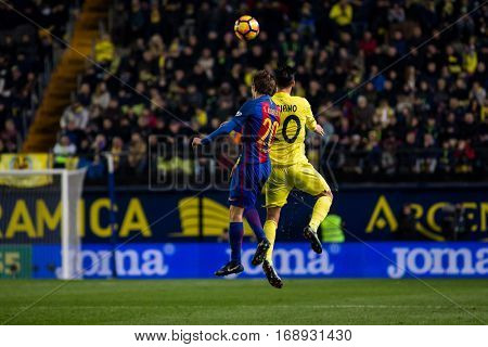 VILLARREAL, SPAIN - JANUARY 8: Sergi Roberto and Soriano during La Liga soccer match between Villarreal CF and FC Barcelona at Estadio de la Ceramica on January 8, 2016 in Villarreal, Spain