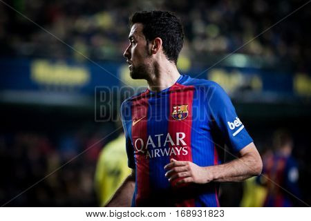 VILLARREAL, SPAIN - JANUARY 8: Sergio Busquets during La Liga soccer match between Villarreal CF and FC Barcelona at Estadio de la Ceramica on January 8, 2016 in Villarreal, Spain