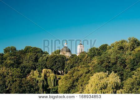 Dome And Bell Tower Of Peter And Paul Cathedral Under Sunny Summer Blue Sky In Gomel, Belarus.