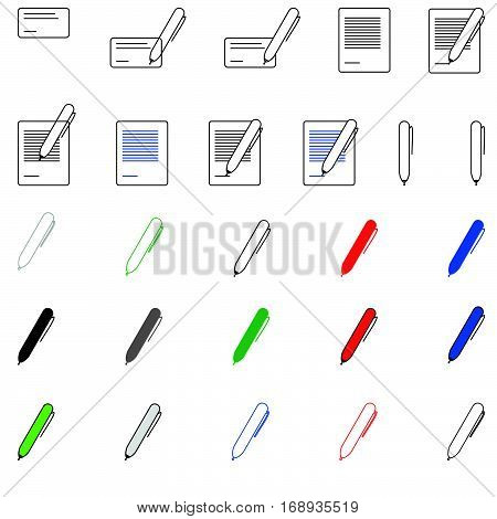 Pen and paper different colours - icons set.
