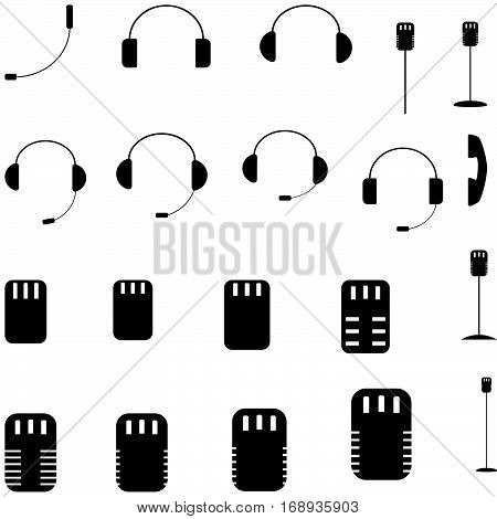 Black microphone headphone handset - set icons different shape.