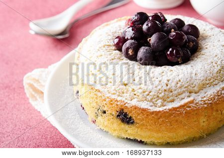 Blackcurrant cake on pink background with tea, horizontal