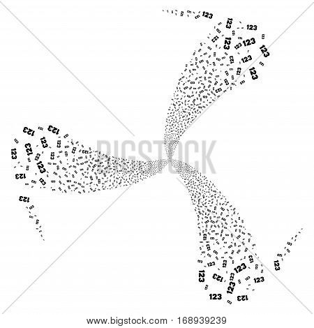 Digits fireworks swirl rotation. Vector illustration style is flat black iconic symbols on a white background. Object spiral done from random pictographs.
