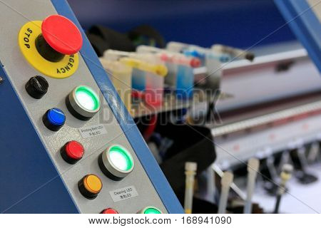 Control panel of large format printer. Selective focus.