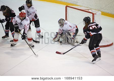 Moscow, Russia - January, 08, 2017: Female amateur hockey league LHL-77. Game between female hockey team 