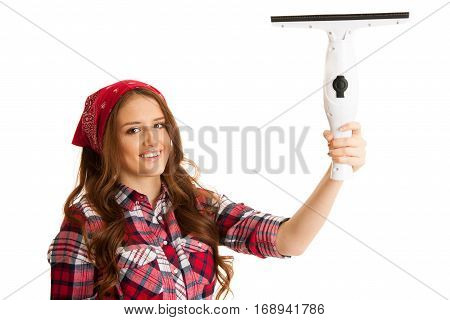 Happy Young Woman Cleaning Windows Isolated Over White Vackground