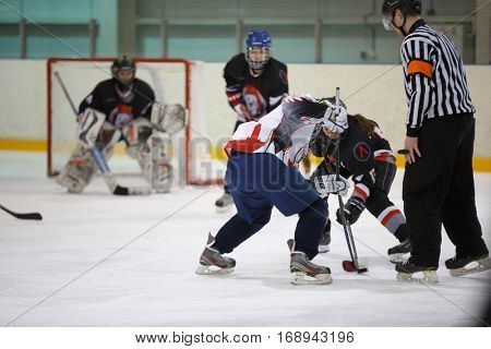 Moscow, Russia - January, 08, 2017: Female amateur hockey league LHL-77. Game between female hockey team 