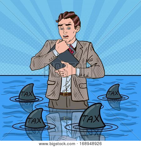 Pop Art Worried Helpless Businessman Swimming with Sharks. Vector illustration
