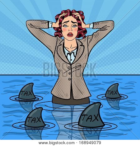 Pop Art Worried Helpless Businesswoman Swimming with Sharks. Vector illustration