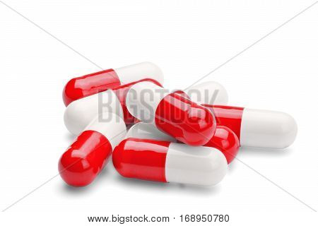 Medicine Red And White Pills On A Isolated White Background